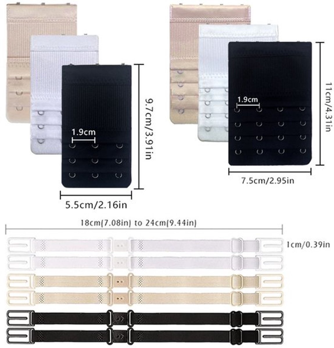 12 stuks set beha-verlengstuk met gespen, elastische beha-verlengstukken, rekbare lingerie verlengstuk, anti-slip beugel en slipvaste beha-band combinatie