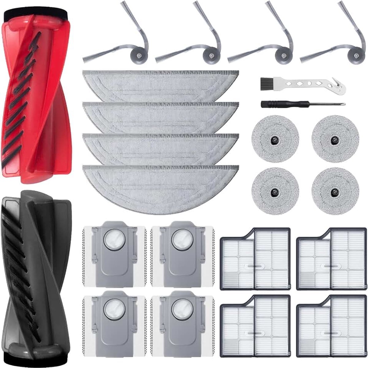 Vervanging voor Roborock Saros 10 robotstofzuiger, 1 rolborstel, 4 Hepa-filters, 4 reinigingsdoeken, 4 ronde pads, 4 stofzakken, 4 zijborstels, 1 schroevendraaier