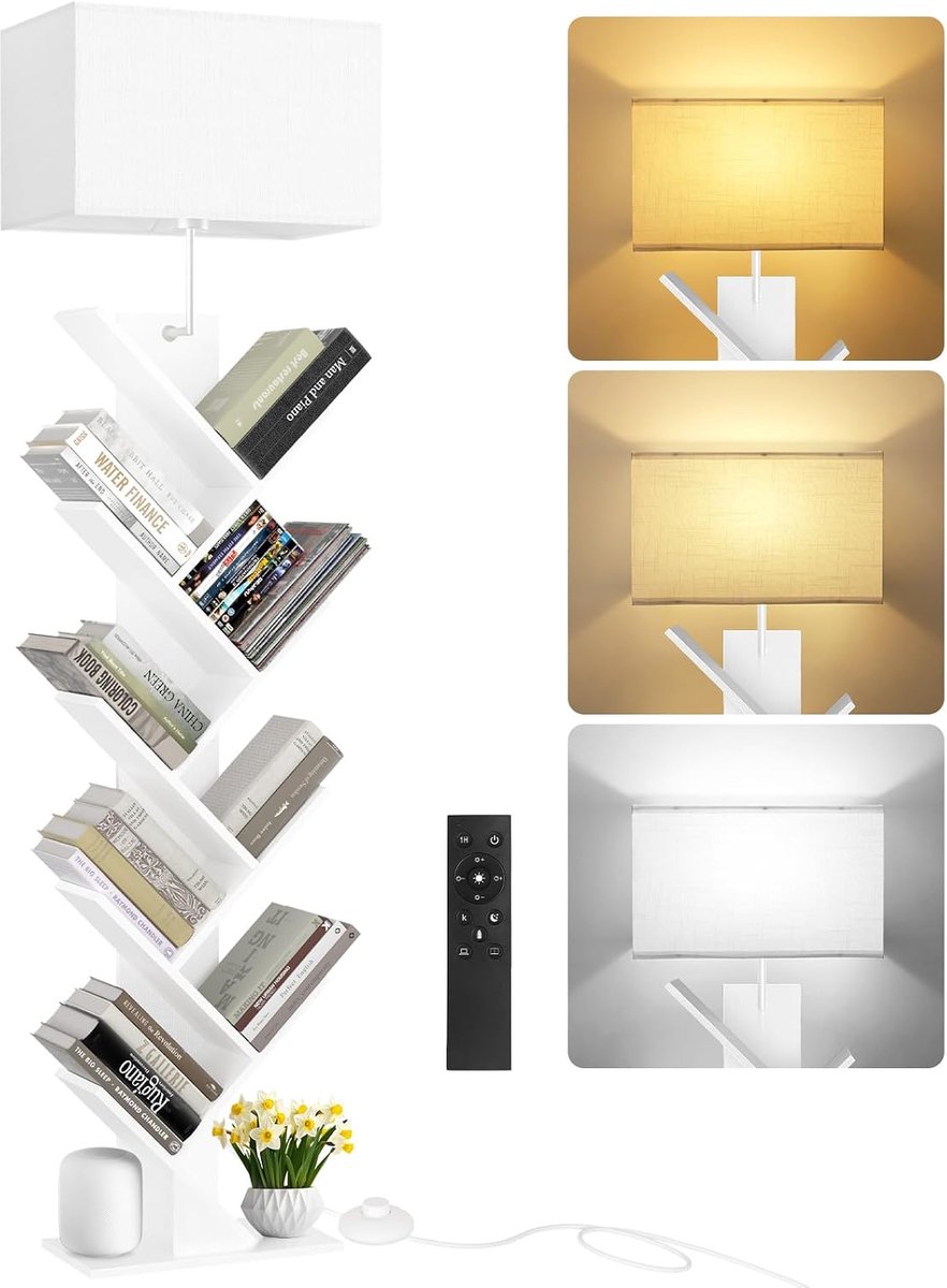Boekenkast met verlichting 9 lagen boomvormig hoekrek ruimtebesparend houten opbergrek met afstandsbediening timer en wandmontage 152 cm