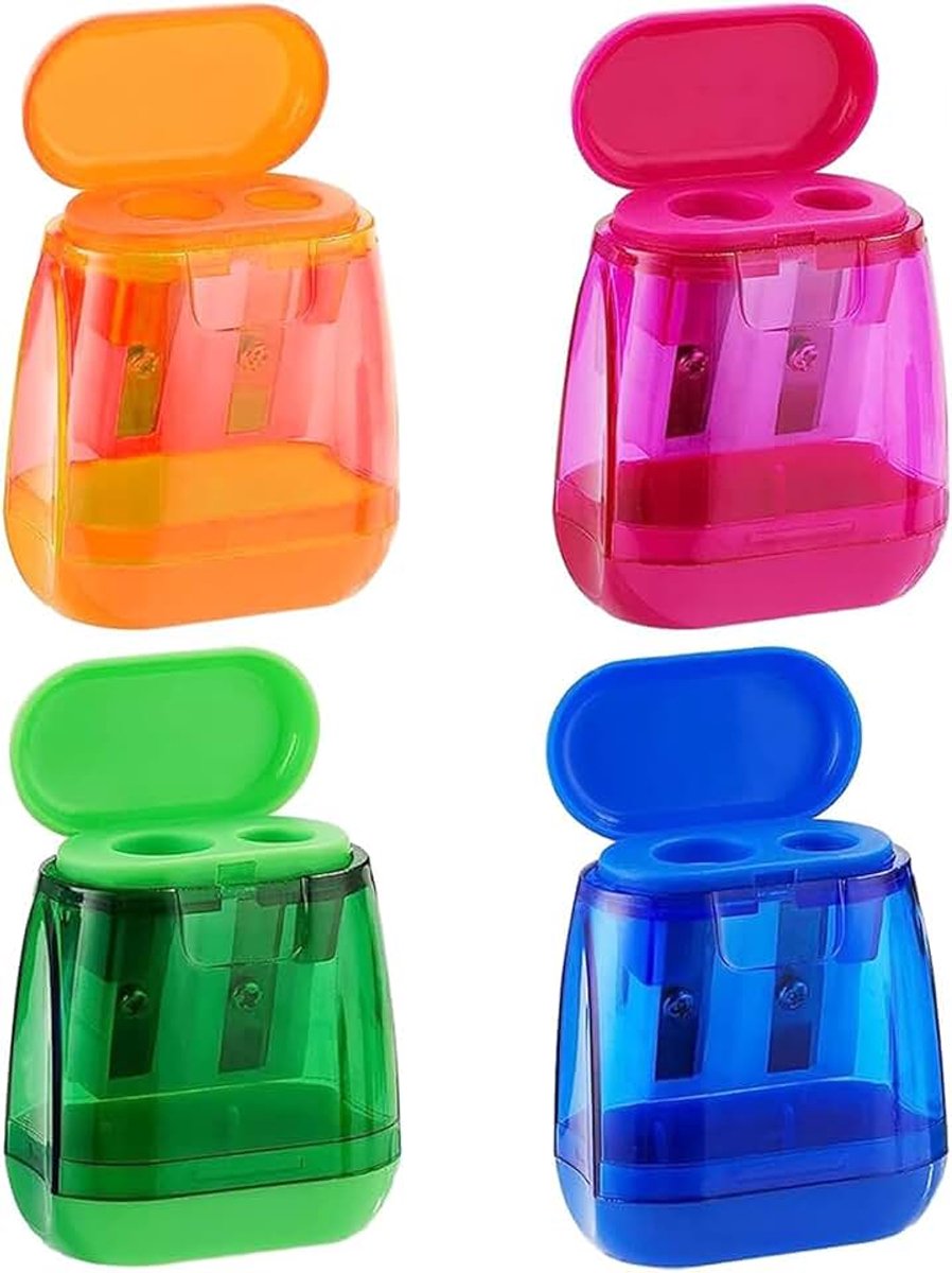 Puntenslijper, 4 stuks gekleurde plastic handmatige puntenslijper met deksel Dual Hole Handheld Puntenslijpers Potlodenslijpers met container voor kinderen, studenten, thuiskantoor en
