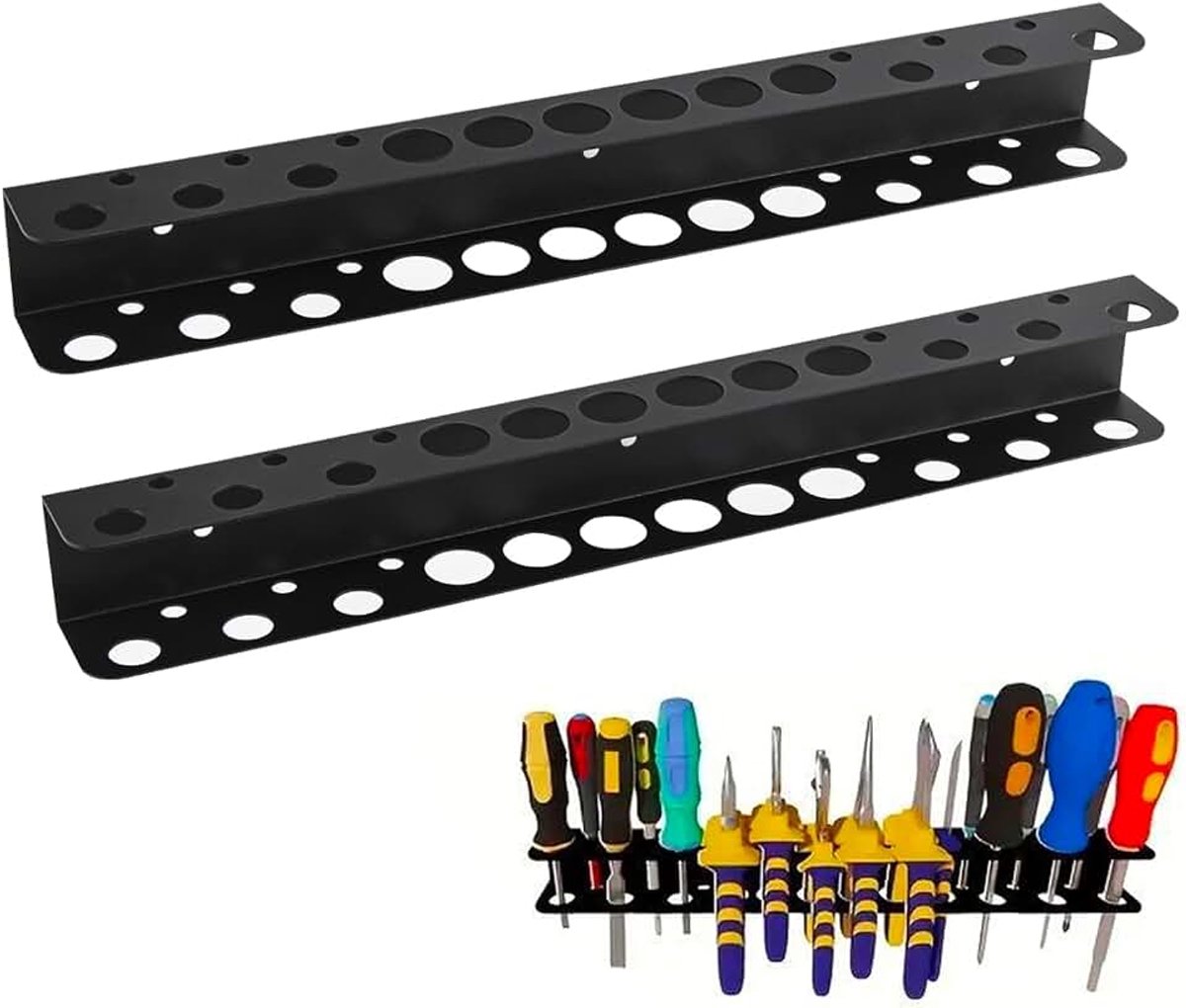 18 gaten, gereedschap, wandhouder, metaal, wandgemonteerde gereedschapshouder met schroeven, expansiebuis voor schroevendraaier, handgereedschap, 2 stuks, zwart