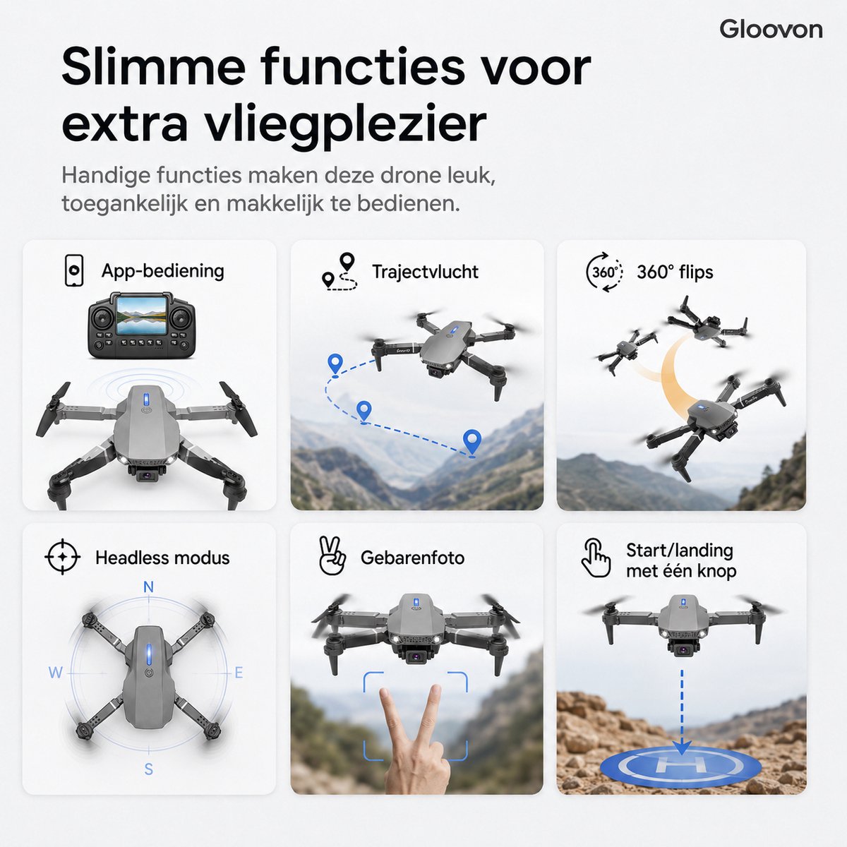 Gloovon® Drone met Camera - Controller met Scherm - 4K HD Dual Camera - 4 Accu's - 72 min Vliegtijd - Inklapbaar - Grijs thumbnail 3