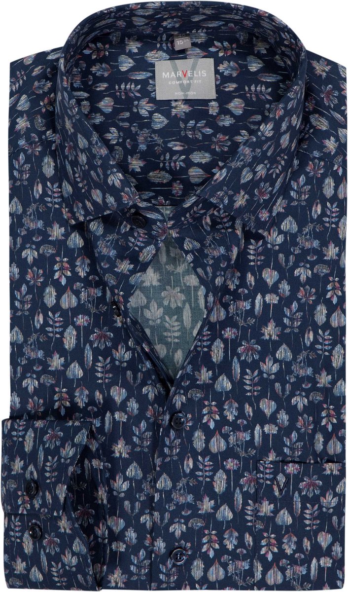 MARVELIS comfort fit overhemd - popeline - donkerblauw met gekleurd bladeren dessin - Strijkvrij - Boordmaat: 46 (EU maat: XXL)