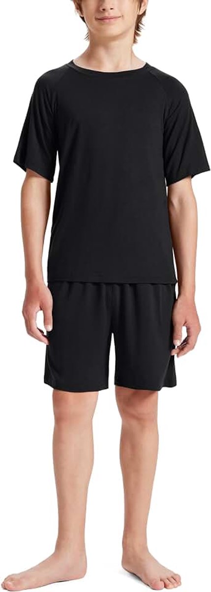 Pyjama voor kinderen, zacht, zomer, tweedelige set, T-shirt en shorts met zakken, voor kinderen, slaapkleding, 8-18 jaar