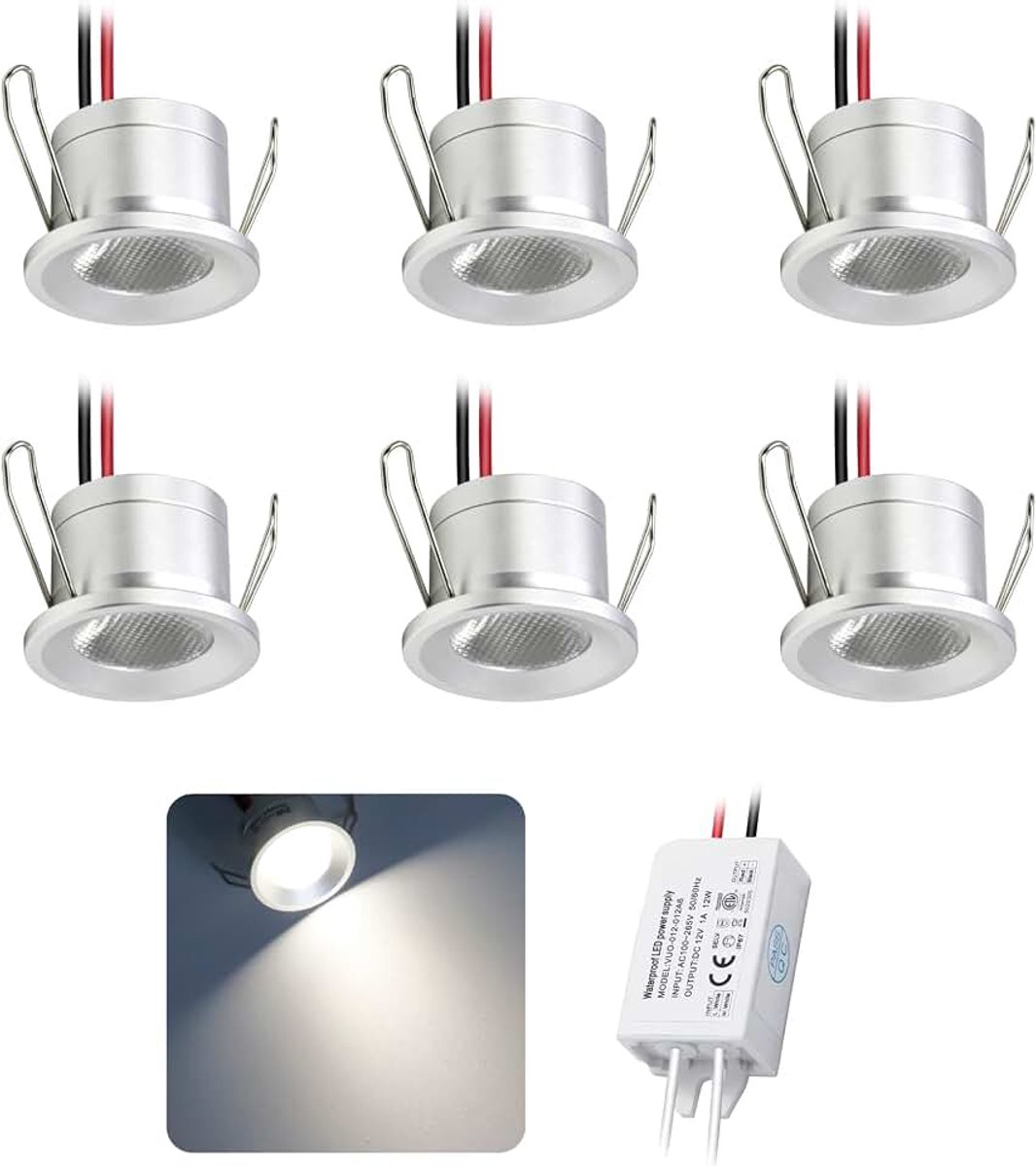 Klein 6 stuks 12V 2W inbouw LED-spot plafondverlichting voor keuken, trap, kast, hal, doe-het-zelf-verlichting, vitrinekast, kast, downlight (cool wit)