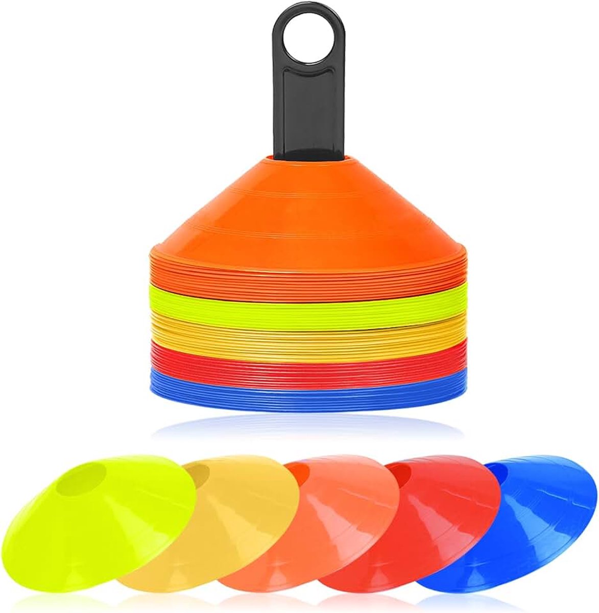 Hutjes voetbal, markeringshoedjes, 50 stuks, trainingshoedjes, voetbal met standaard, trainingsaccessoires voor schaatsen, hockey, atletiek, coördinatietraining