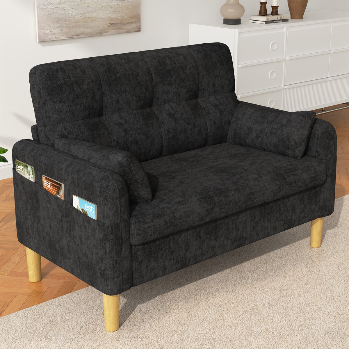 Zitsbank - 2-zits bank - Comfortabele zitbank - Kleine Sofa - Met zakken aan de zijkant - Met armleuningen - Met opbergvak - Met kussen - Chenille - Zacht zitkussen - Geschikt voor kantoren, woonkamers en studeerkamers - Zwart