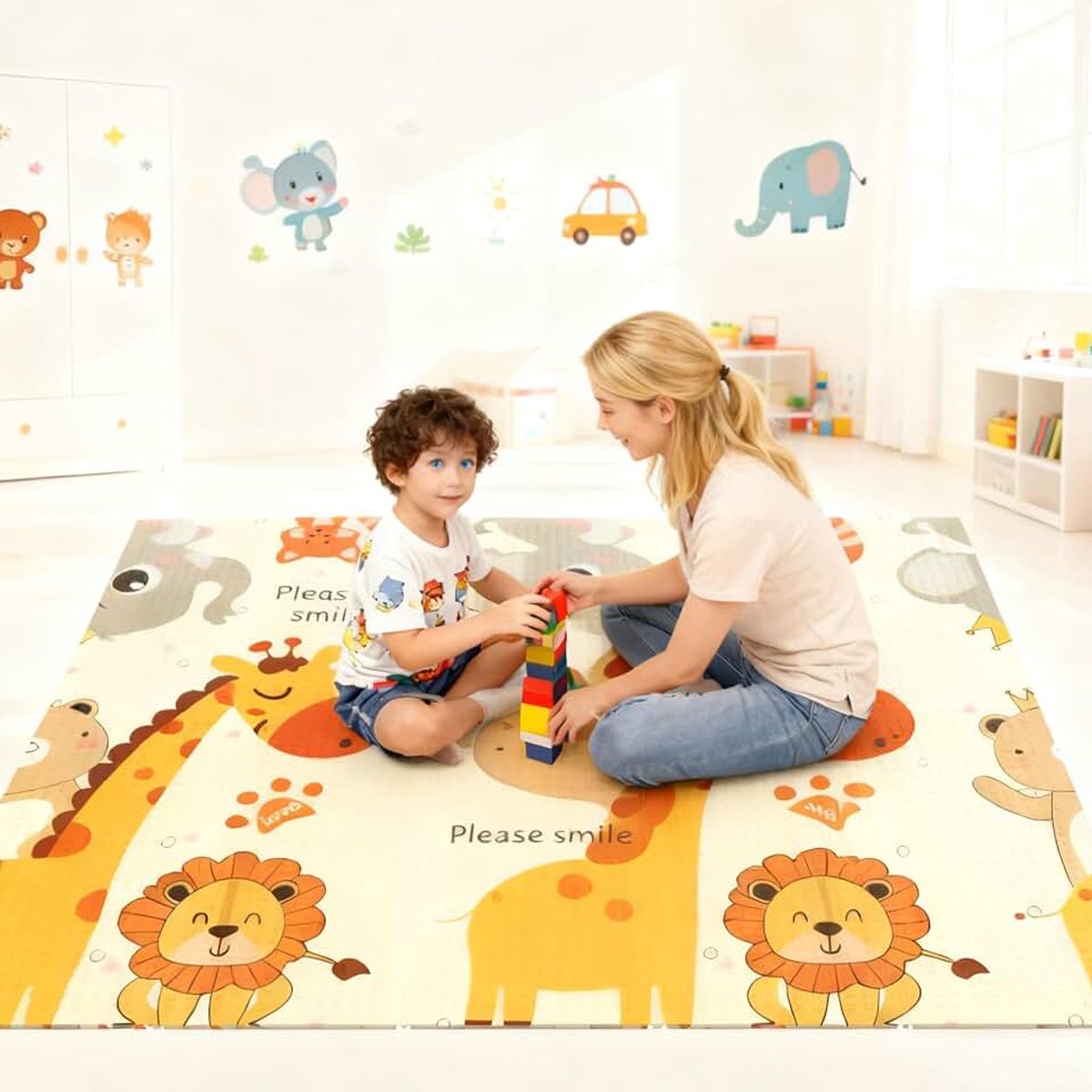 Kruipmat voor baby's, speelmat voor baby's, opvouwbaar, 200 x 180 x 1 cm, speelmat voor baby's, dubbelzijdig, schuimrubberen mat, waterdicht, draagbaar, vloermat voor kinderen met opbergtas