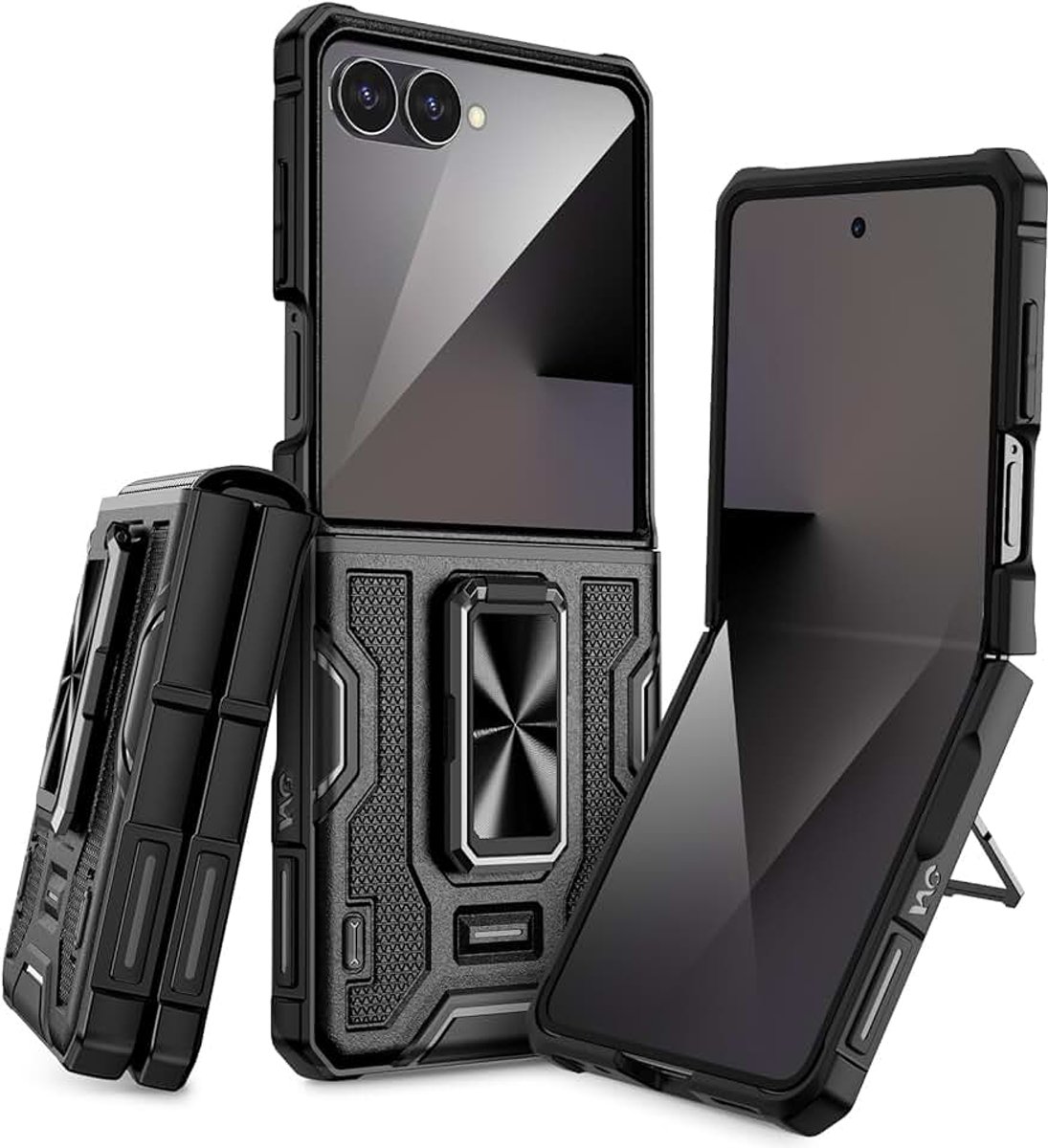 Hoesje voor de Samsung Galaxy Z Flip 7 [Niet voor Flip 7FE] met 360° draaibare ringstandaard, ingebouwde schermbeschermer aan de achterkant en scharnierbescherming, stevige schokbestendige