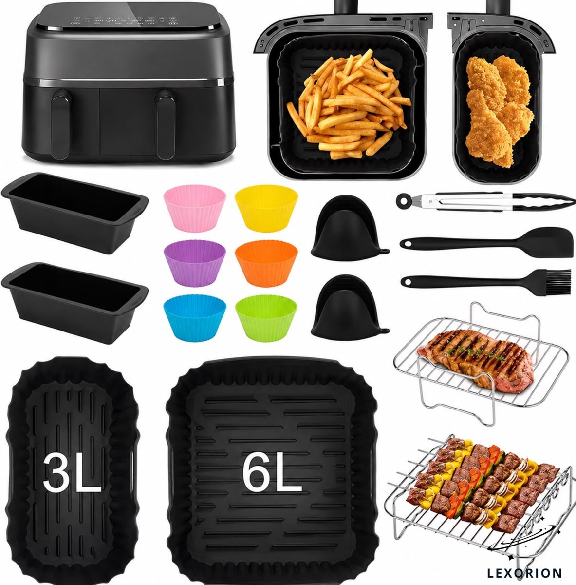 Lexorion Vierkante Airfryer Accessoires Set voor Philips Airfryer Dual Basket 3000 Series NA350 - Dubbele Heteluchtfriteuse Accessoires - Bakvorm, Siliconen Manden & Herbruikbare Accessoires