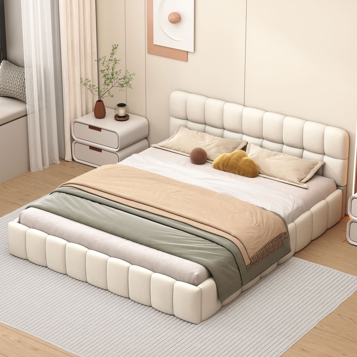 ROSAHQNDA Tweepersoonsbed 160x200 cm, gestoffeerd linnen bed met lattenbodem, modern volwassen bed met elegant volant design, beige, zonder matras