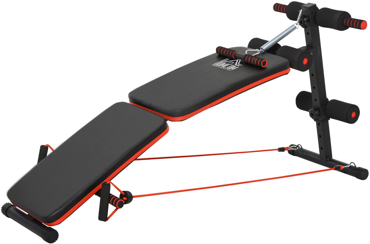 Sit-upbank, buiktrainer met trainingskoorden, trainingsbank, multifunctioneel, verstelbaar en opklapbaar, draagvermogen 110 kg, staal, zwart+rood, 137 x 51 x 50-66 cm