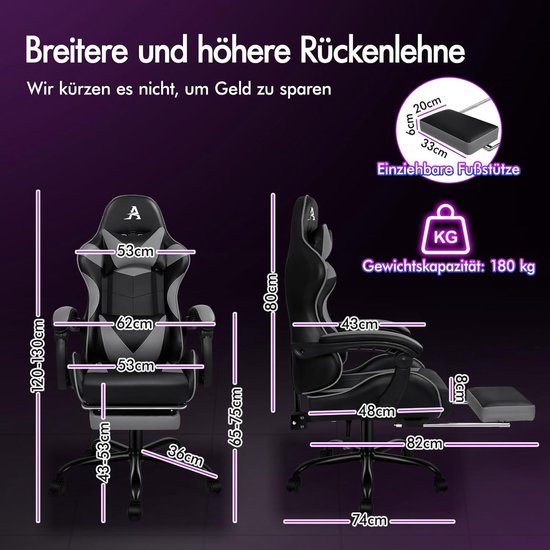 Ergonomische Gaming Massage Stoel met Hoofdsteun en Opvouwbare Voetensteun - In Hoogte Verstelbare Bureaustoel - Draagvermogen 180 kg - Grijs van Merkloos — afbeelding 5