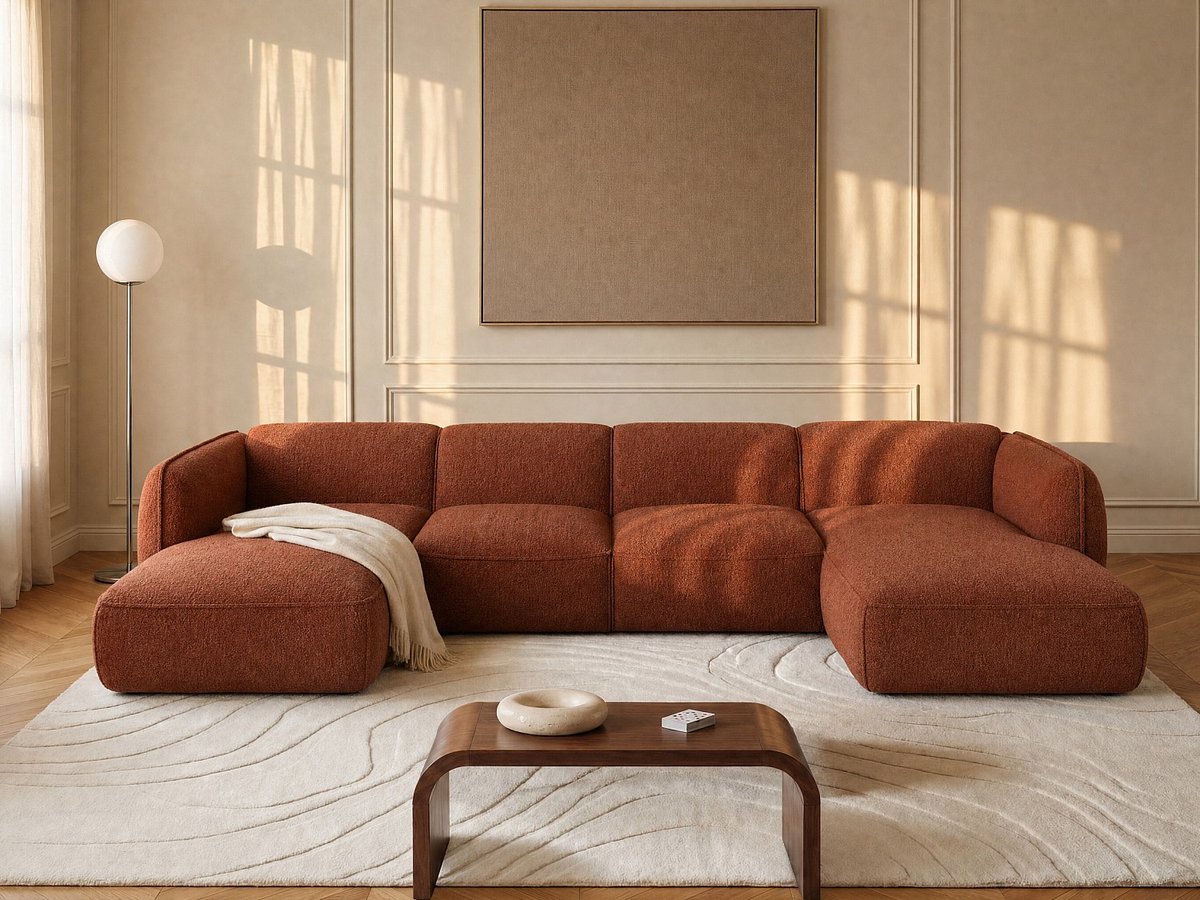 Vente-unique Hoekfauteuil in terracotta chenillestof van Maison Céphy CAMILIO