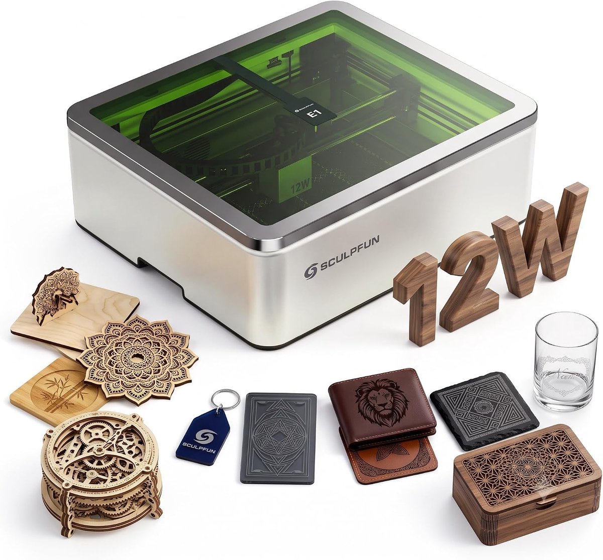 SCULPFUN E1 12W Gesloten lasergraveermachine - 400x320mm Graveren - Laser Graveermachine Inclusief HD-camera, Air Assist en honingraatplaat - Lasersnijmachine voor hout, metaal en acryl - Laser Cutter - Lasergraveerder