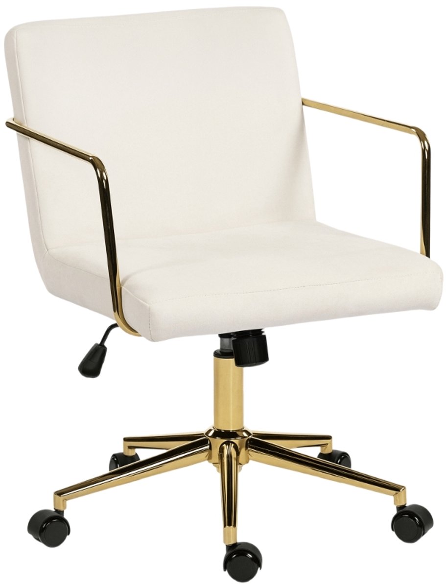 Rollbare Bureaustoel Met Goudaccenten, Computerstoel Met Metalen Onderstel, Stoffen Bekleding In Fluweel-Look, Crèmewit, 64x57x90 cm, Zachte Schuimvulling Met Veervering, Kantelbaar En Hoogte Verstelbaar, 360° Draaibaa