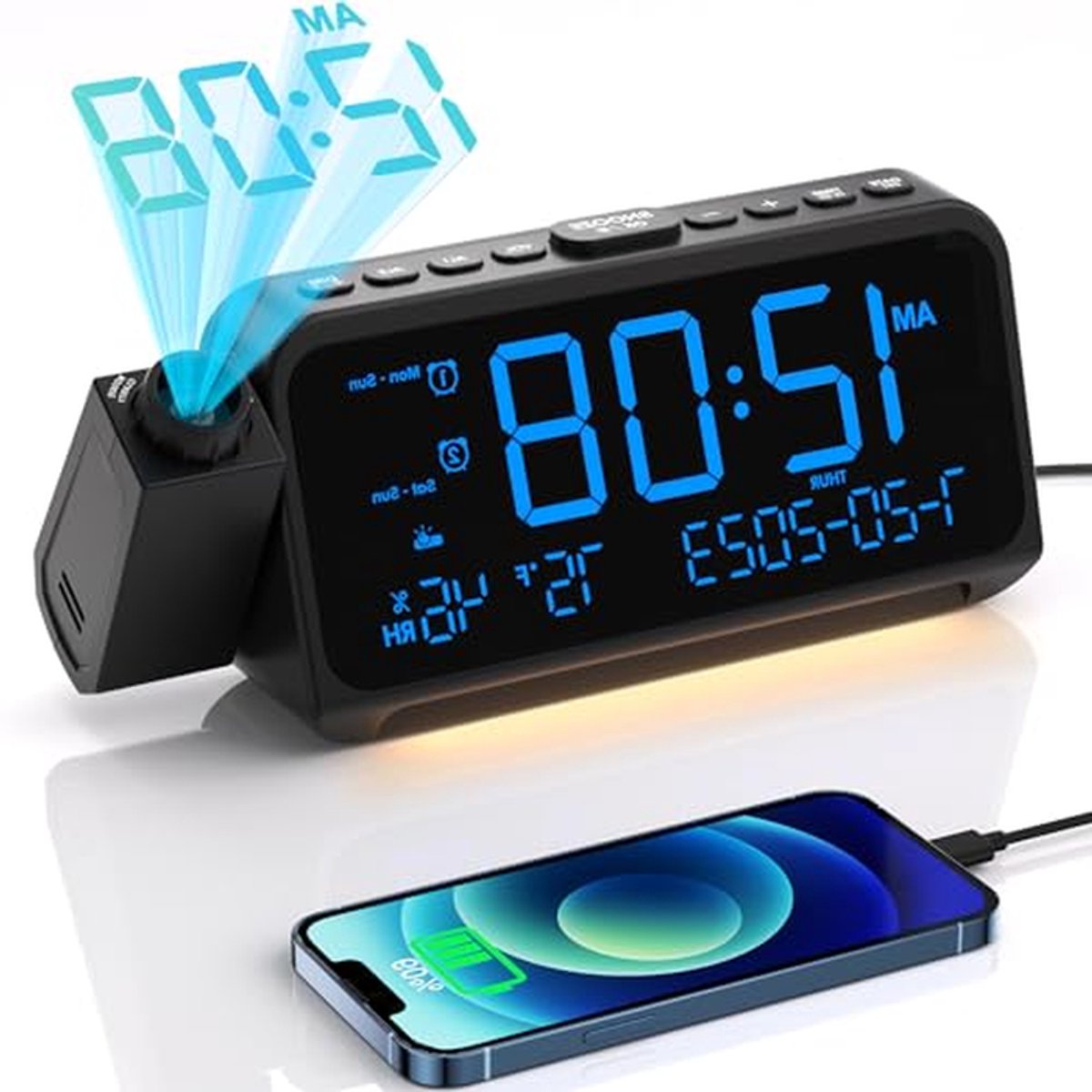 Digitale Projectiewekker - Nachtklok - Wakker Worden - Dubbele Alarmen - 7 Inch Display - Zwart