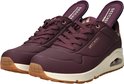 Paarse Skechers sneakers met beige zolen, gouden accenten en zichtbare luchtdemping.