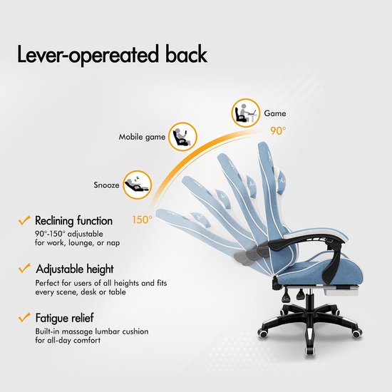 Gamingstoel met massage - Ergonomische racerstoel - Comfortabel werken spelen - Verstelbare rugleuning voetensteun — afbeelding 3