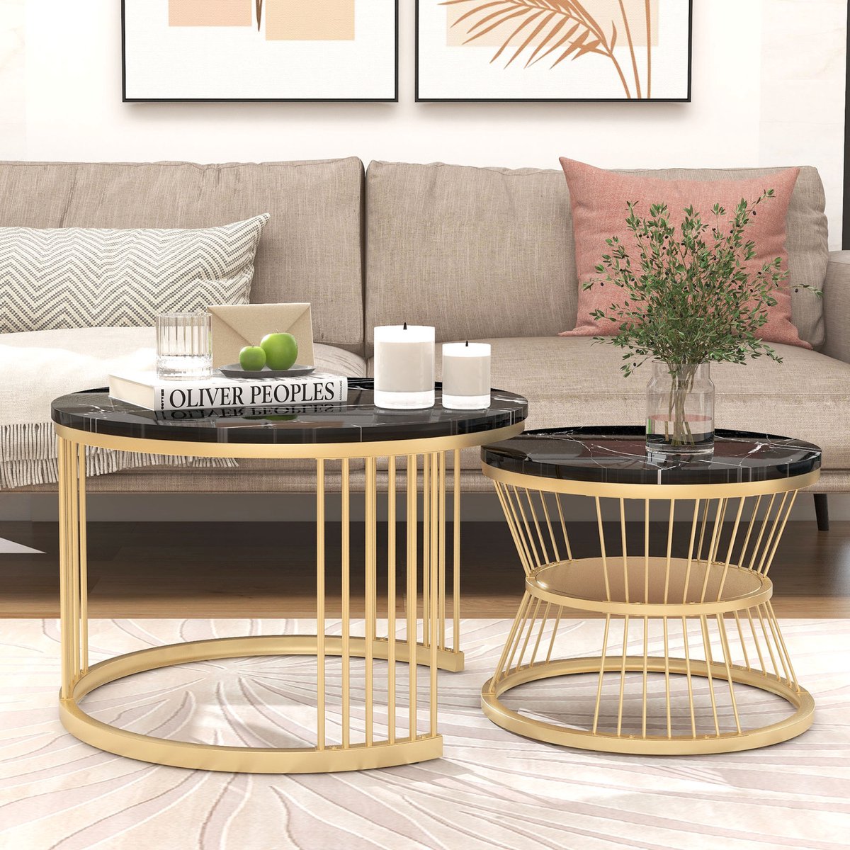 Salontafel set van 2, ronde koffietafel en bijzettafel met marmerlook design, moderne woonkamer tafel met metalen frame, MDF blad, zwart