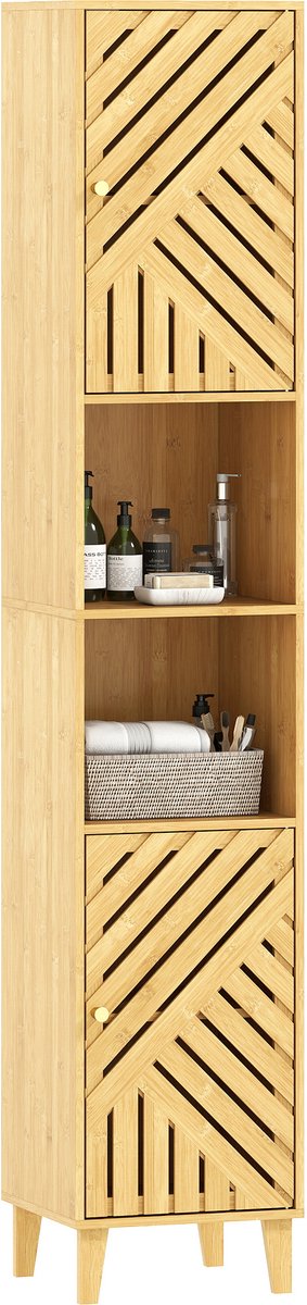 Social® Hoge Badkamerkast - Kolomkast met 2 Deurtjes en 2 Open Vakken - Verstelbare Planken - Bamboe & Spaanplaat - 32 x 30 x 170 cm