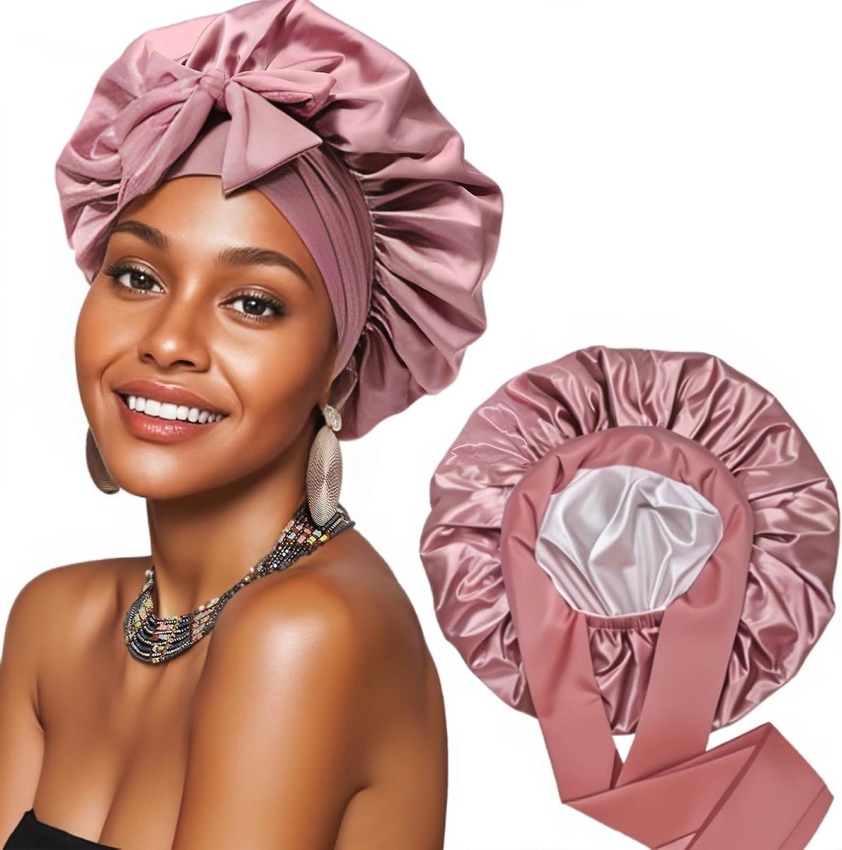 Satijnen Bonnet - Haarbonnet - Beschermend Slapen - Dubbellaags Ontwerp - Schaalbaar - Zwart
