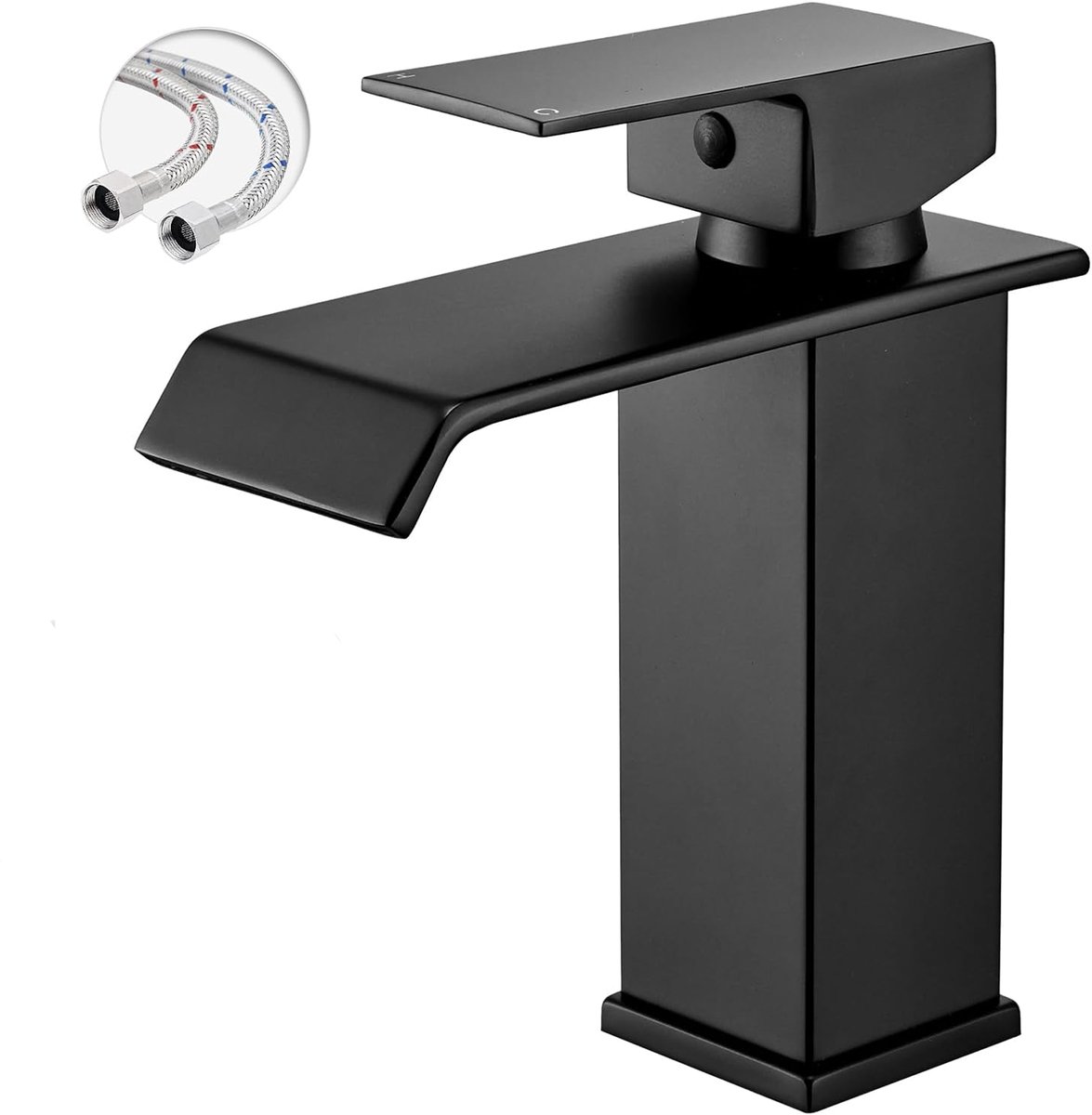 KZQ Waterkraan Badkamer Wastafelkraan Modern Badkamerkraan Wastafelmengkraan Waterval Badkamer Kraan Eengreepsmengkraan Warm En Koud Verstelbare Wastafelarmatuur - Laag Model - Zwart Recht - Incl G3/8 Slangen