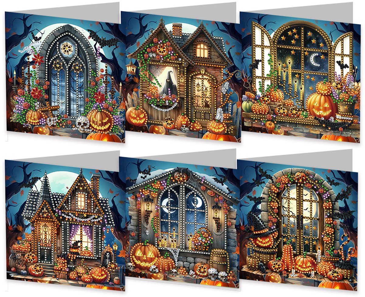Casalora Diamond Painting kaarten - 6 Diamond Painting Wenskaarten - DIY Kaarten met Halloween, Enveloppen en Accessoires