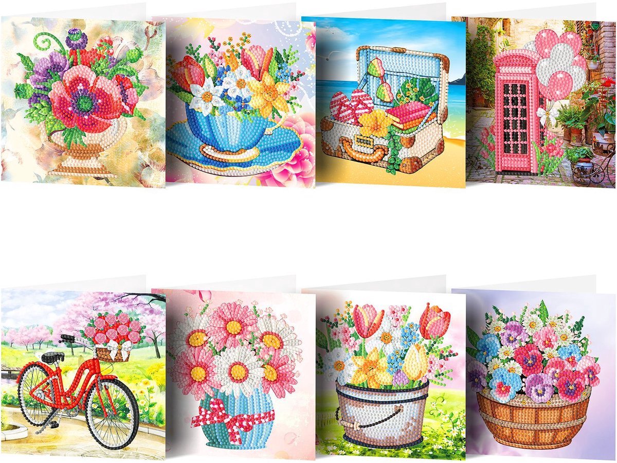 Casalora Diamond Painting kaarten - 8 Diamond Painting Wenskaarten - Bloemencollectie - DIY Kaarten, Speciale Diamanten, Enveloppen en Accessoires - C