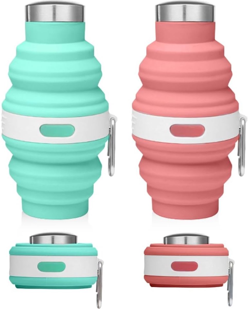 Bobypet - 2 Stuks Opvouwbare Waterfles 500ml - BPA Vrij Siliconen Drinkfles met Karabijnhaak - Lekvrij & Compact voor Reizen, Wandelen, Camping & Sport - Roze & Blauw
