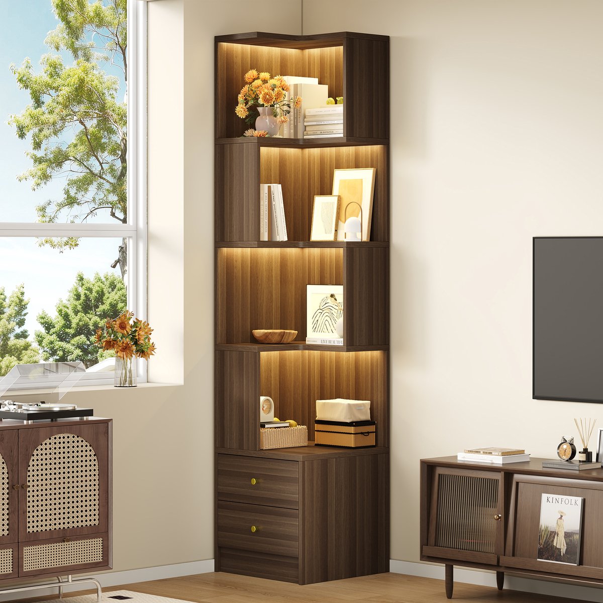 Brown L-shaped Corner Shelf - Multifunctional Storage and Lighting - MDF - 45 x 43,5 x 180 cm