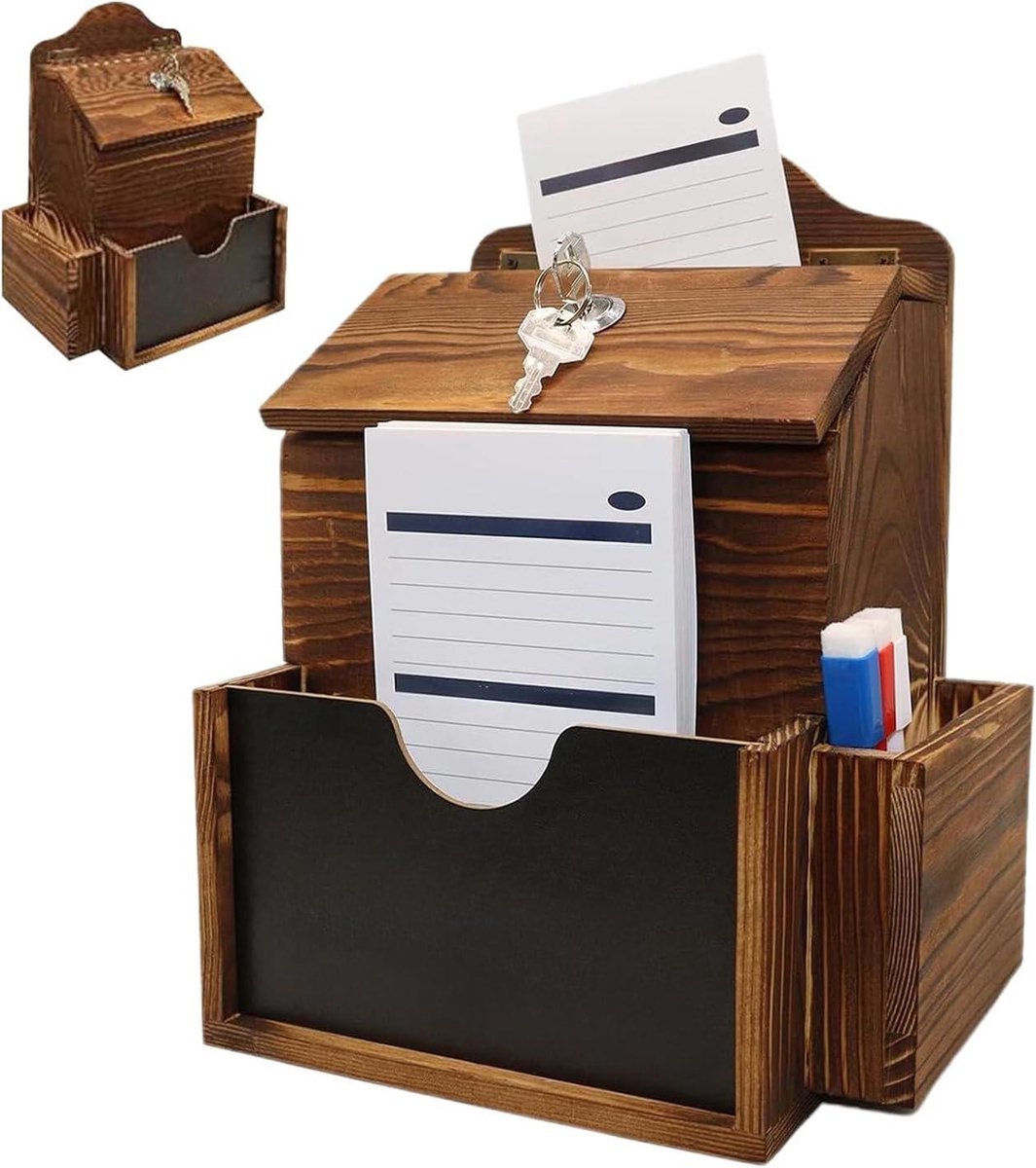 Suggestiedoos met gleuf - Wandbrievenbus hout - Berichten Verzamelen - Dubbele sleuven slot - 27 x 20.5 x 15 cm