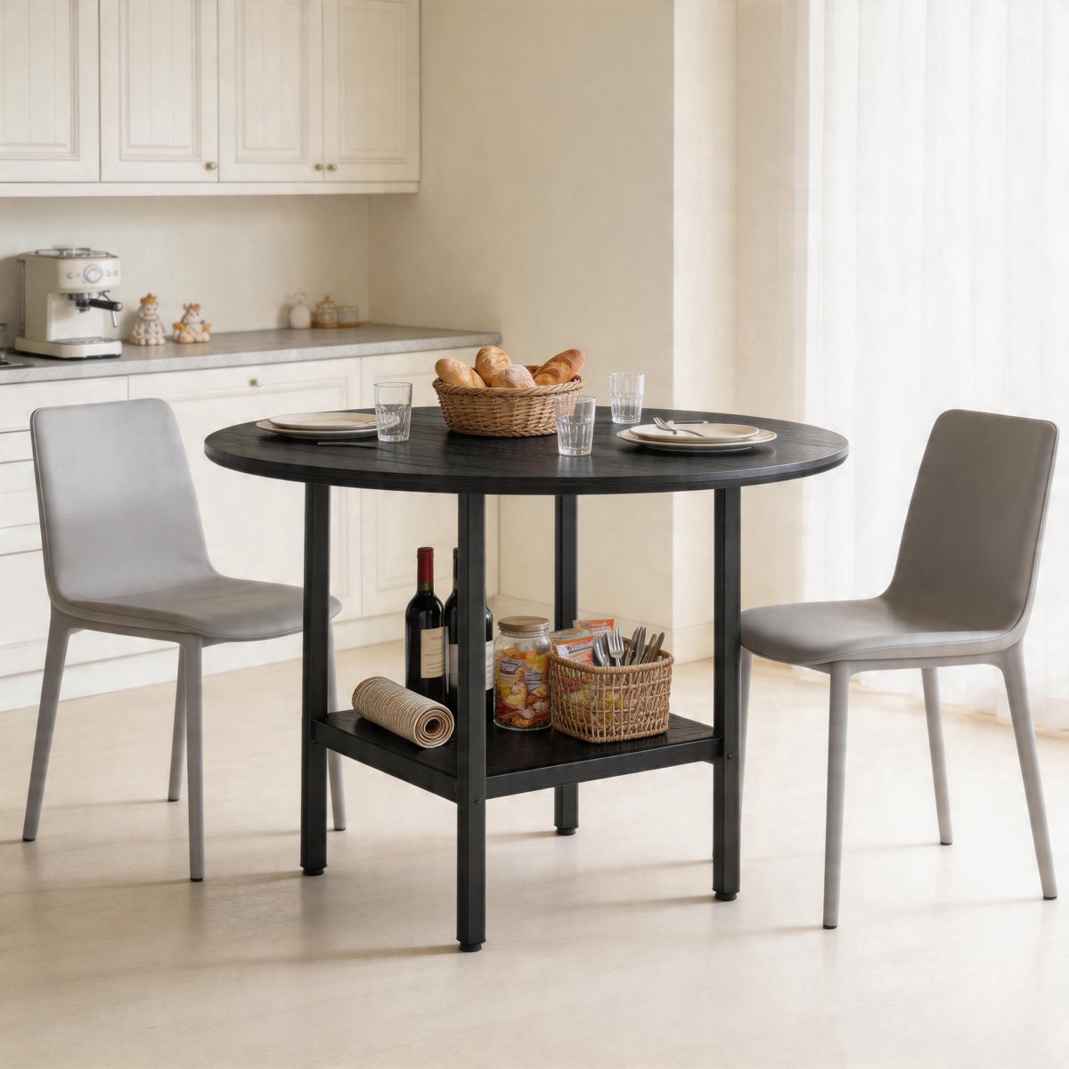 Ronde Eettafel 100cm - Tafel Met Opbergrek - Zwart Houtlook Metalen Frame