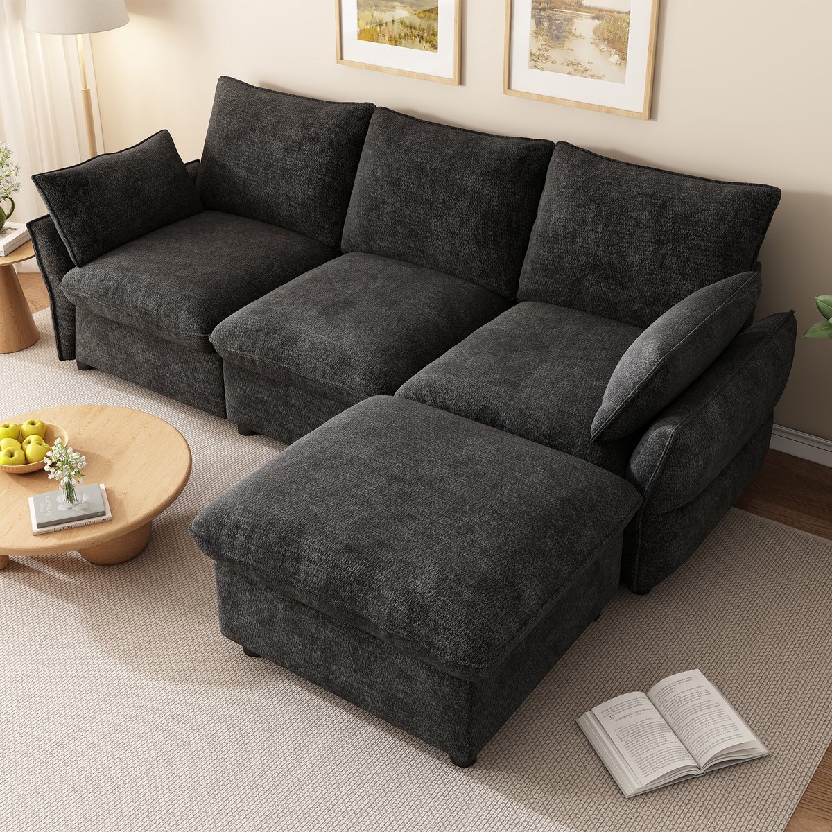 Moderner Ecksofa met Ottomane - 3 Zits in Chenille - Dunkelgrau - 222,5 × 154,5 × 76,5 cm