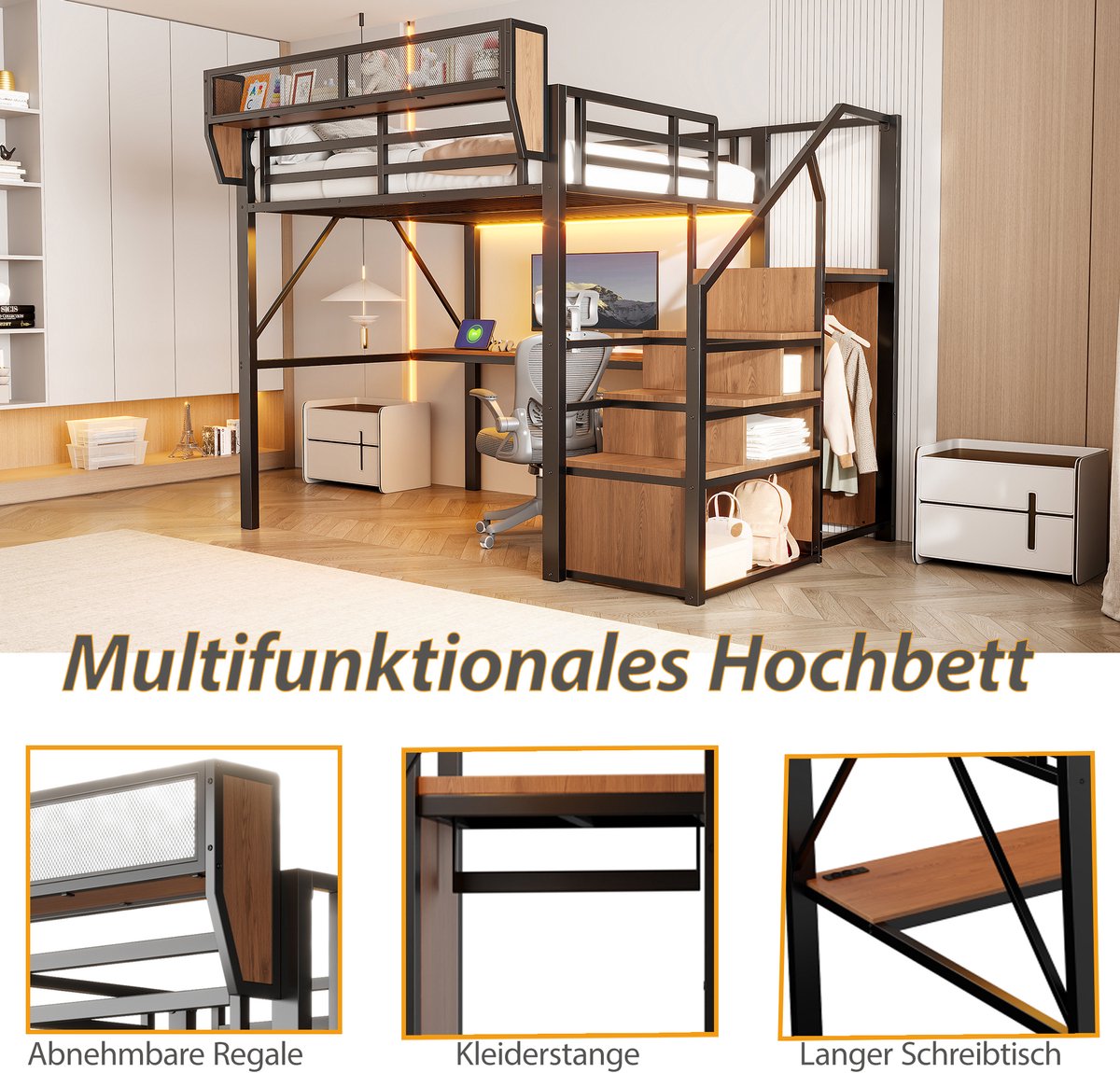 Hochbett 140x200 cm - Multifunctioneel Meubel Met LED Licht - Zwarte Metal Constructie