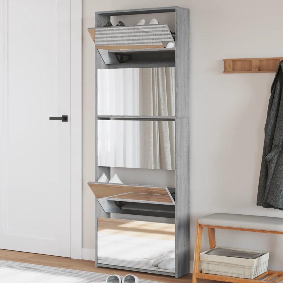 Schoenenkast met spiegel - Schoenenrek organizer - Schoenen opbergen - 5 niveaus - 63 x 17 x 1695 cm