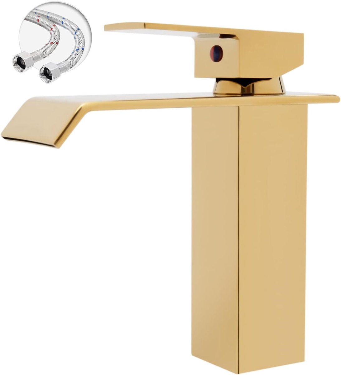 KZQ Waterkraan Badkamer Wastafelkraan Modern Badkamerkraan Wastafelmengkraan Waterval Badkamer Kraan Eengreepsmengkraan Warm En Koud Verstelbare Wastafelarmatuur - Laag Model - Goud Recht - Incl G3/8 Slangen