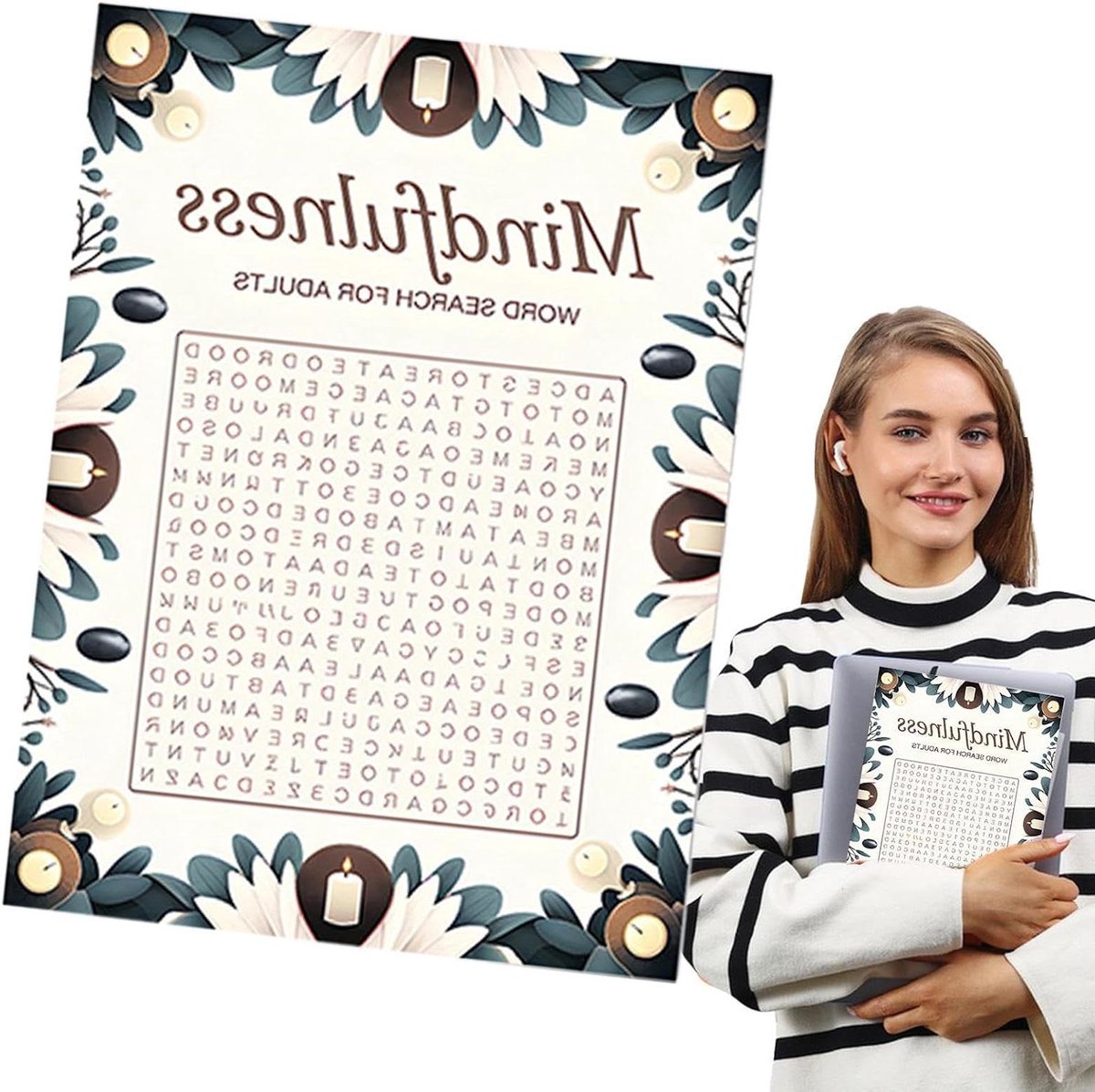 Woordzoekboeken - Puzzel boeken - Mindfulness oefenen - Stapsgewijze tips - 21 x 28.5 cm - Kaars