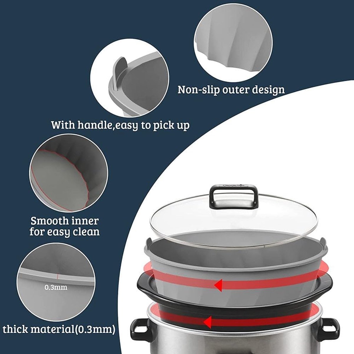 Slowcooker Voering - Crock pot bak - Koken en Bakken - Herbruikbaar en Vaatwasmachinebestendig - 6-8 Liter Ovaal - Grijs – foto 4