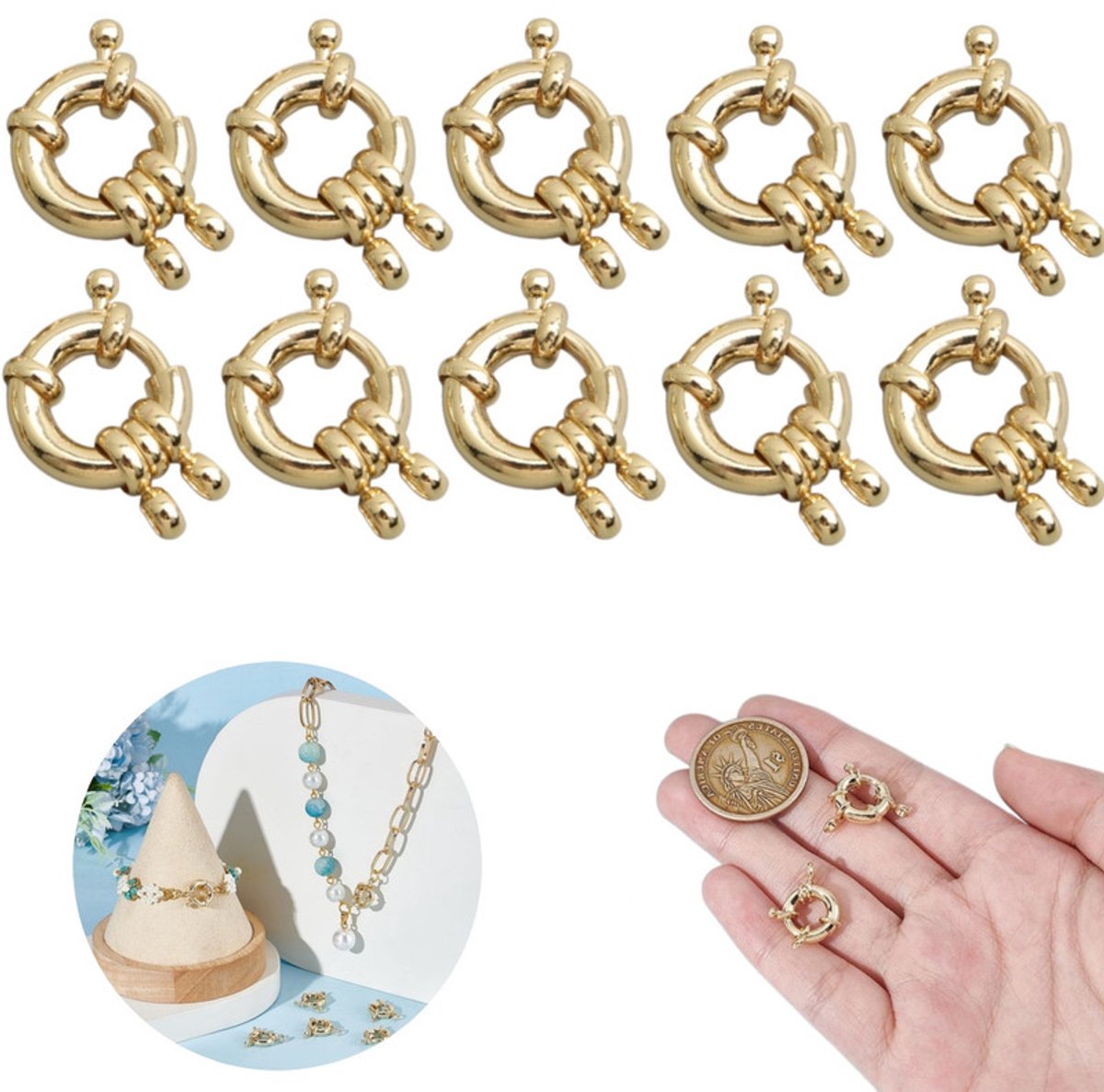 10x Veersluiting voor ketting – Sieradenverbinder – Met gesloten ring en ronde veersluiting – Geschikt voor het maken van sieraden – Koper met 18-karaats goudlaag – Veersluiting in stuurwielstijl – Accessoire voor handgemaakte armbanden (DIY)