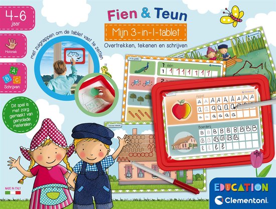 Verpakking van Fien & Teun Mijn 3-in-1-tablet met afbeeldingen van tekenen, schrijven en zuignappen.
