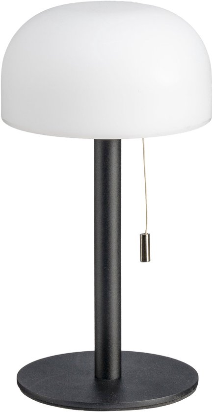 Lampe de table noire avec abat-jour blanc sphérique et tirette.