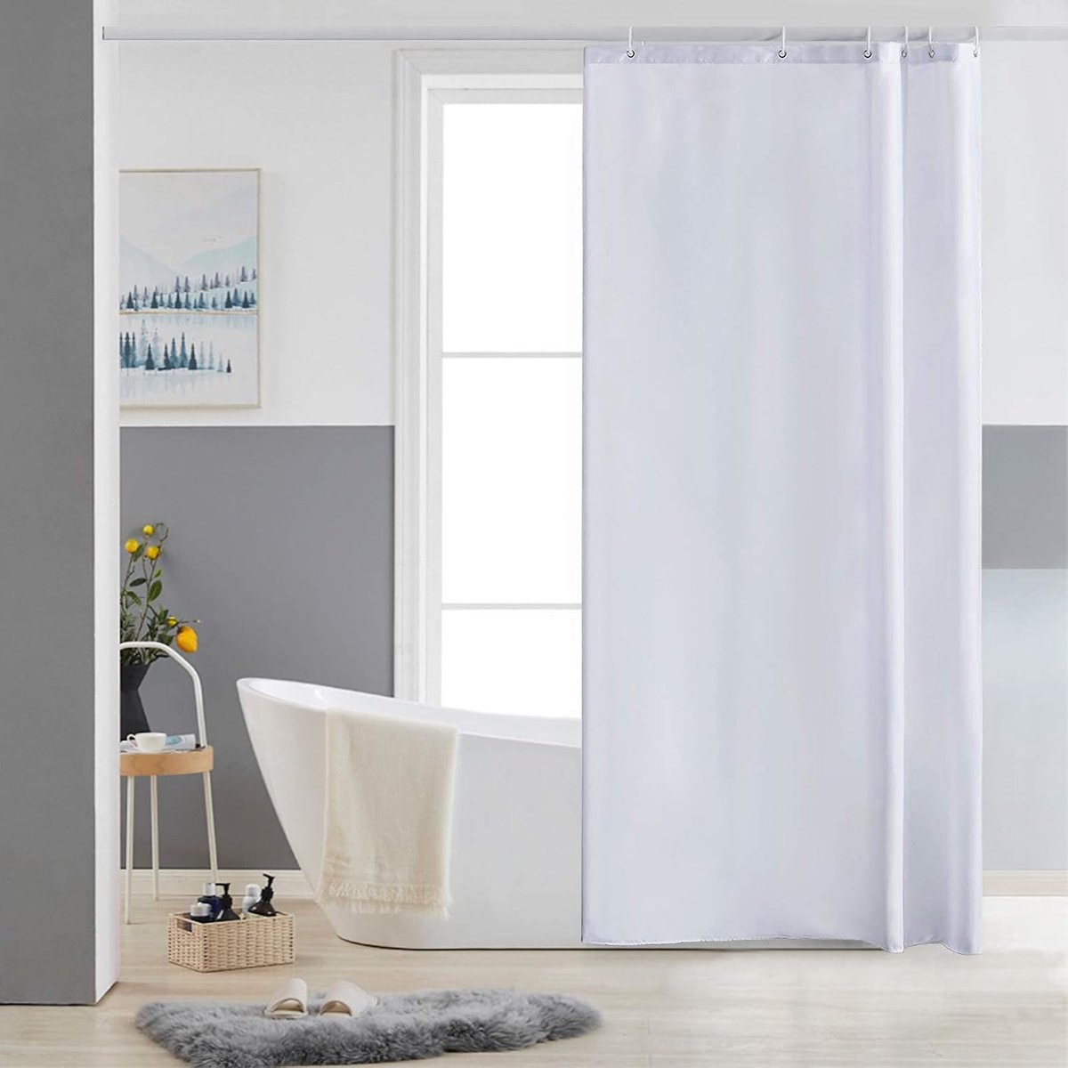 Smal douchegordijn van polyester stof, schimmelbestendig, waterafstotend en wasbaar materiaal, voor hoekdouche en kleine badkuip, met 6 gordijnringen, wit, 80 x 180 cm