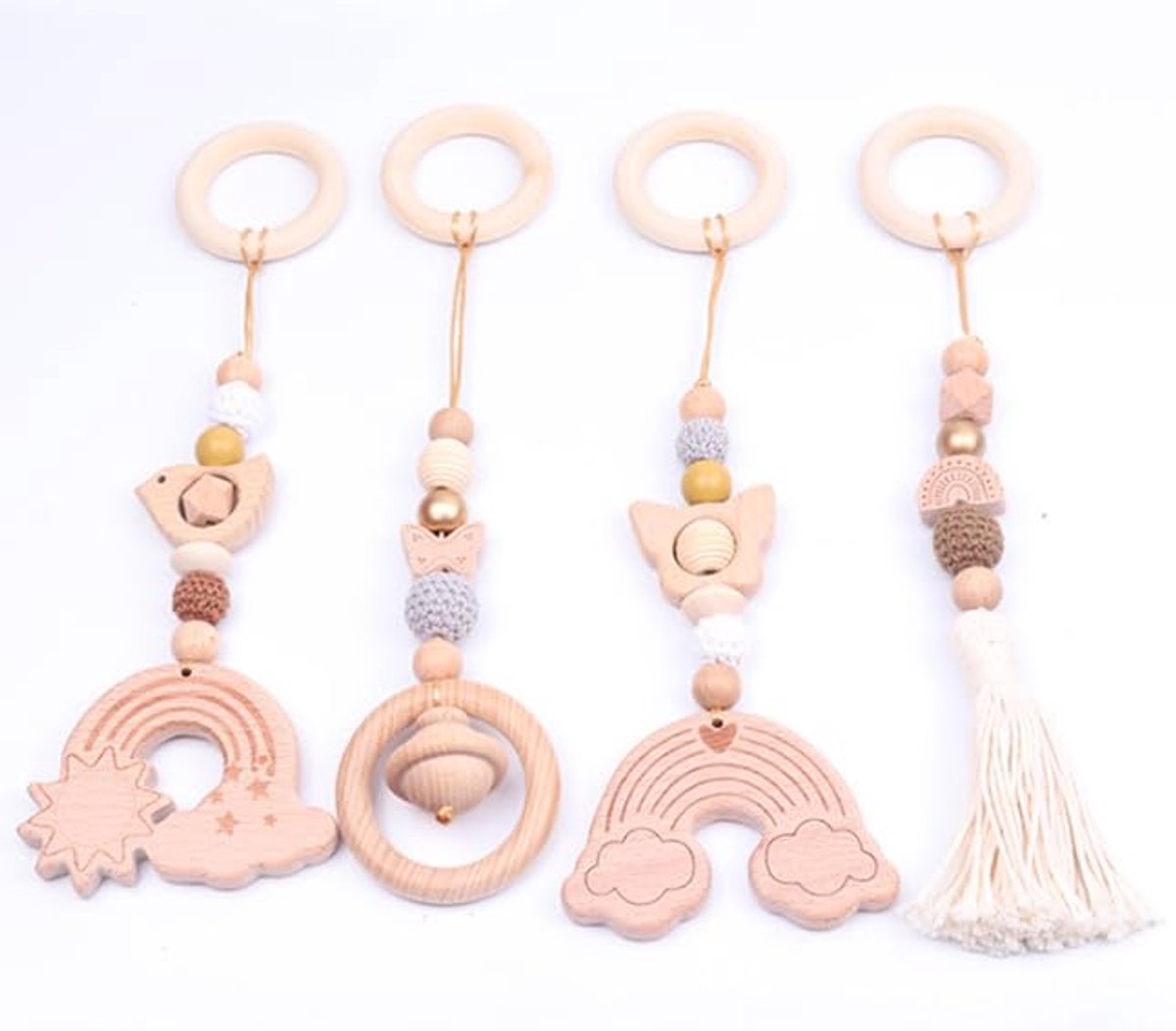 4 stuks speelboog babyhout, babyspeelgoed vanaf 0 maanden, speelboog babyspeelgoed, hanger voor babyzitje, kinderwagen, autostoel, babyspeelgoed voor meisjes en jongens (hout)