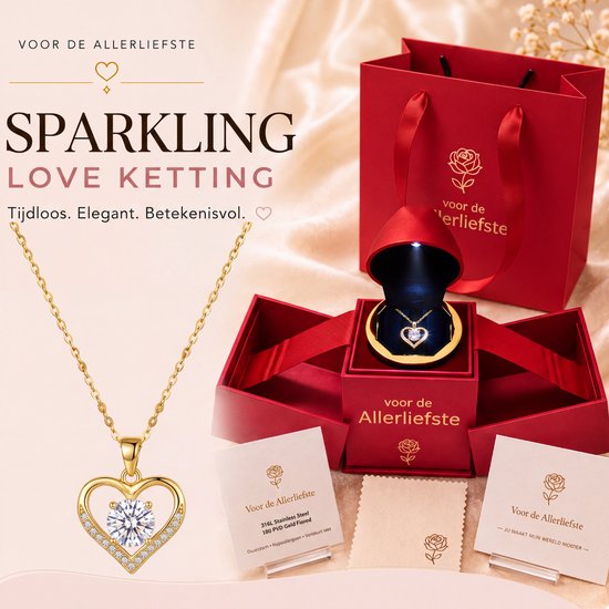 Gouden hartvormige ketting met zirkonia, gepresenteerd in geschenkdoos met kaart en poetsdoekje.
