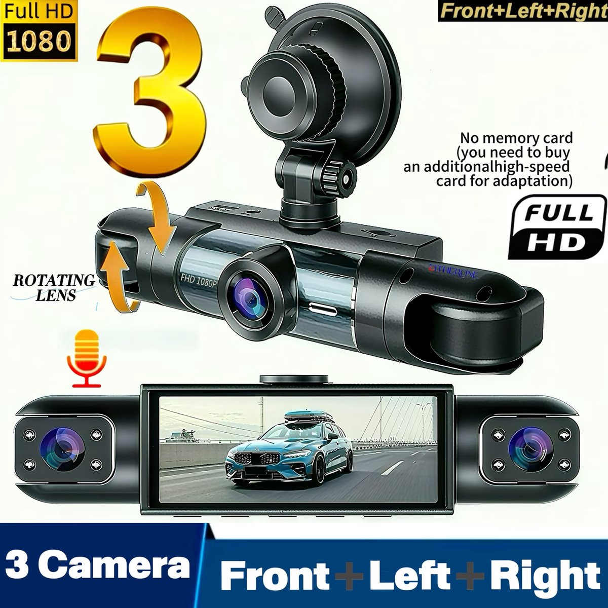 3-Camera Dashcam – 1080P Full HD Voorcamera & 720P Zijcamera's – 360° Opname met Nachtzicht en 3 Inch IPS-scherm