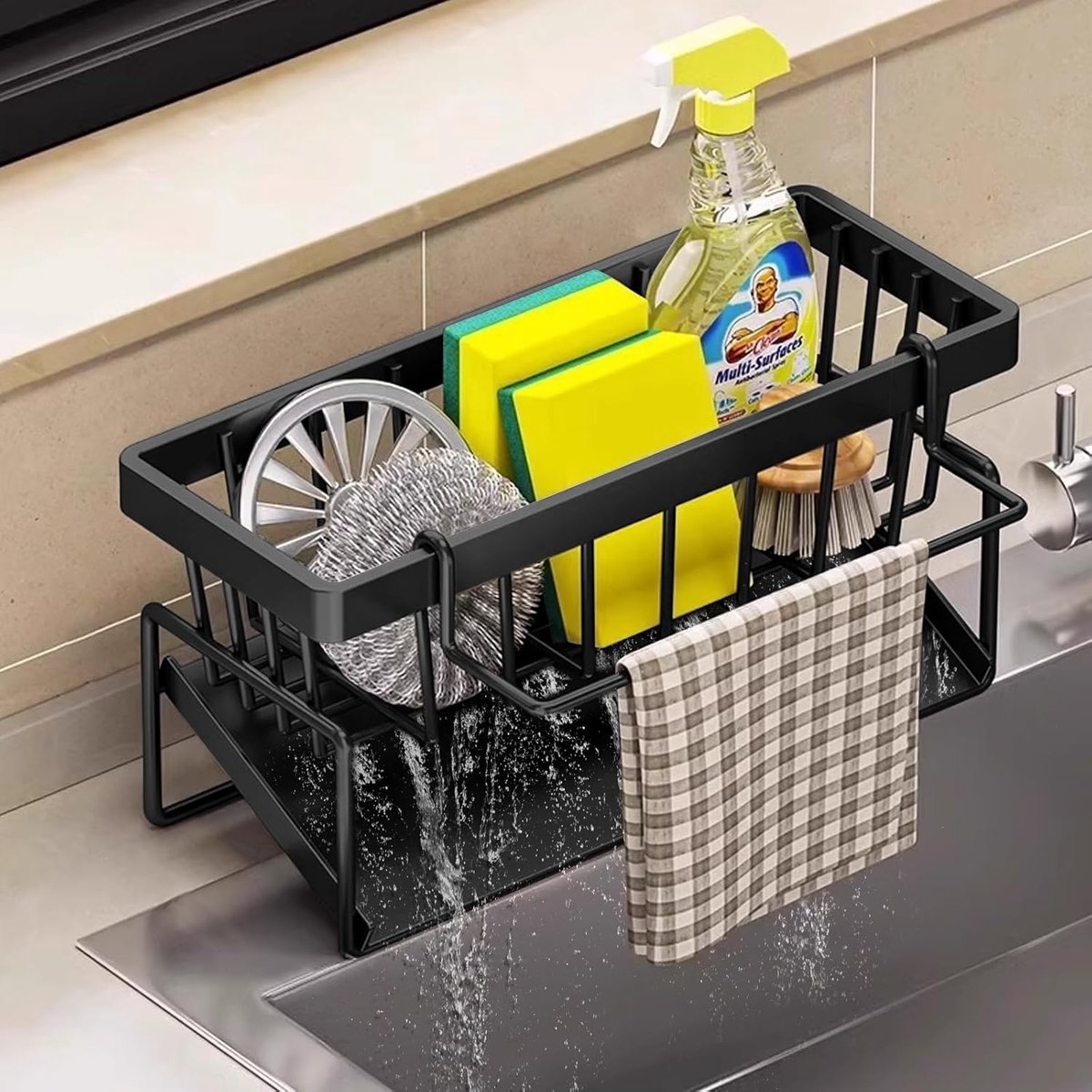 Spoelbakorganizer met zelfafvoerende afvoerbak - keukenorganizer voor sponshouder en vaatdoek - SnelShoppen