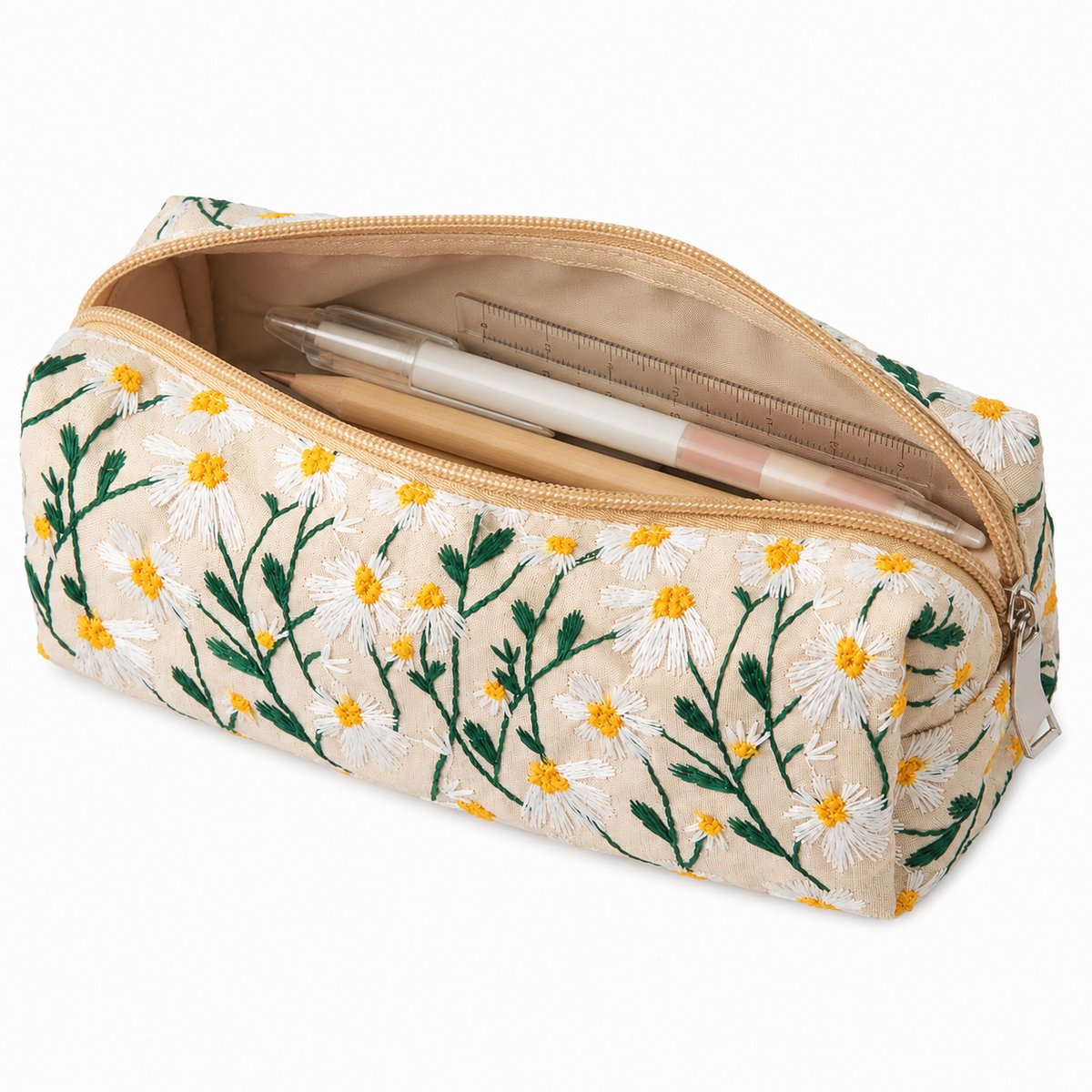 Modern Beige Pennenetui 20x9x8 cm - Katoen & Linnen Canvas Etui voor 30 Pennen - Wasbare Schrijfwaren Organizer voor School & Kantoor - Multifunctioneel Make-up Tasje voor Dames & Studenten - Stijlvol Cadeau