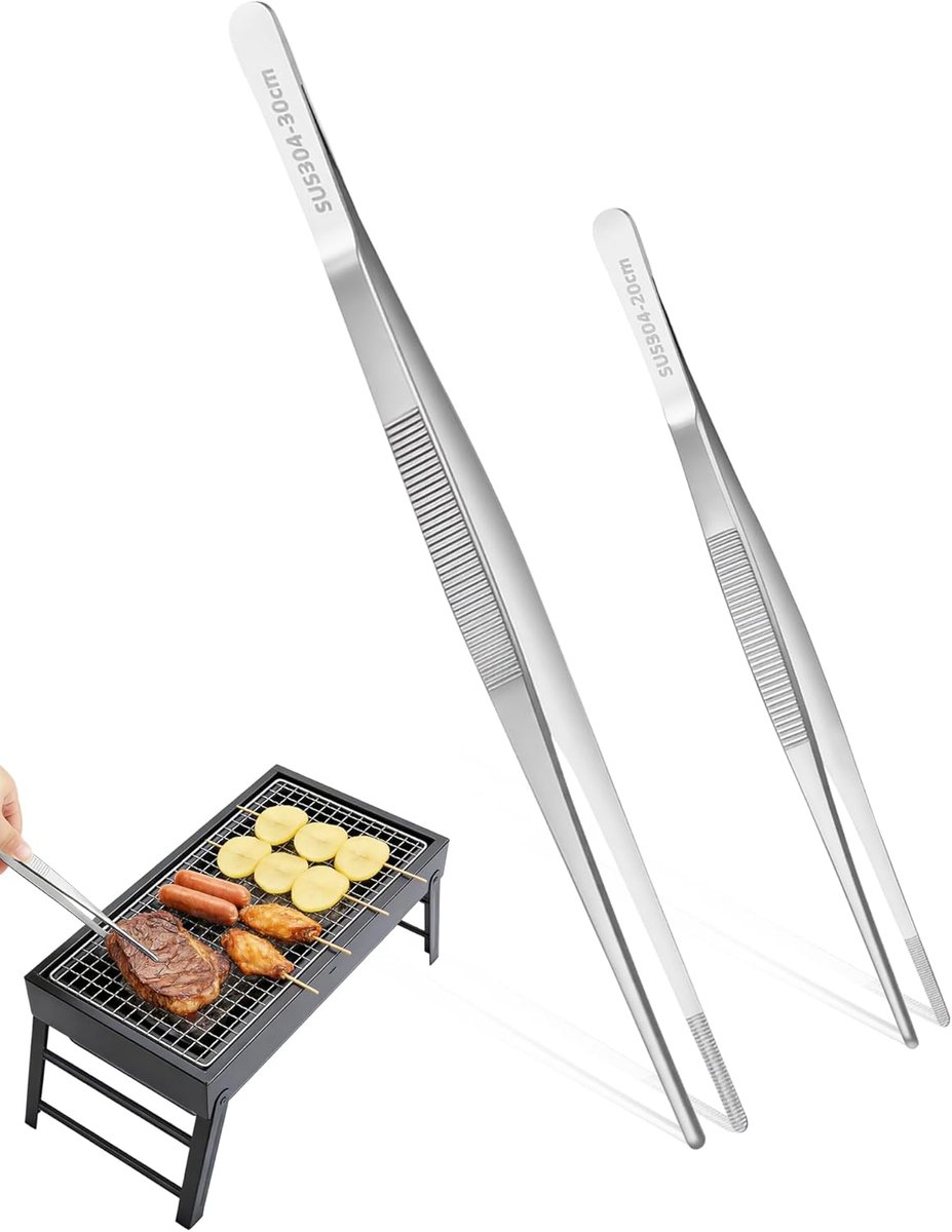 2 Keukenpincet 20cm &30cm RVS 304 Kookpincet Multifunctionele Zilver | Multifunctionele RVS 304 Keukenpincetten 20/30cm, Hittebestendig, Antislip en Ideaal voor Koken, BBQ en Decoratie.