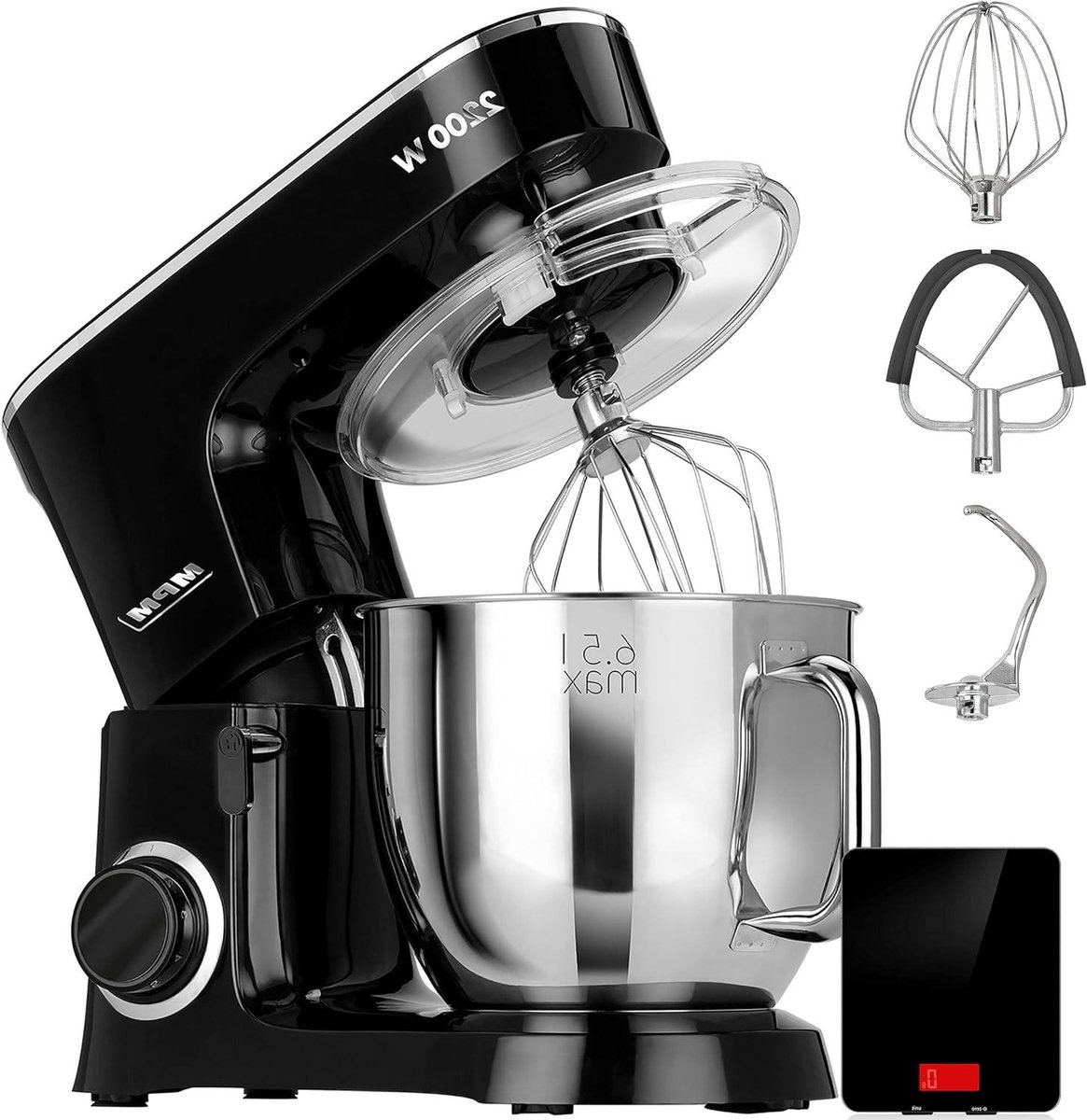 Keukenmachine met Weegschaal - Bakmixer Robot - Deeg Kneden - Planetair Systeem - 6.5 Liter Kom - Zwart RVS